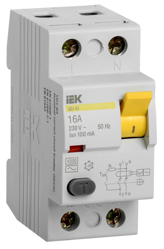 Выключатель IEK диф. тока 2п 16A 100mA тип AC ВД1-63