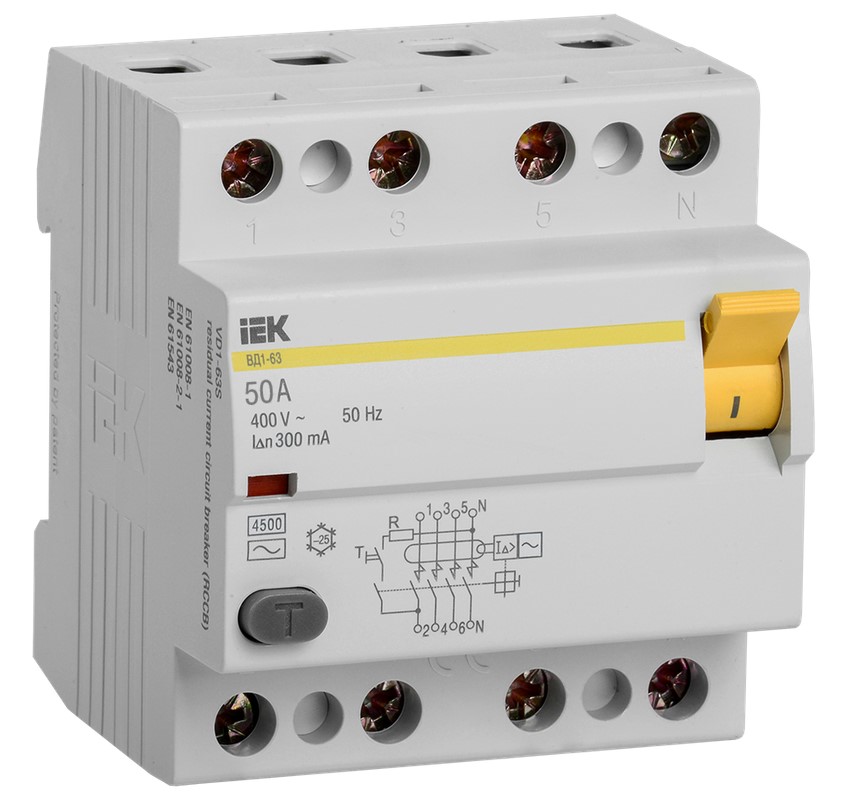 Выключатель IEK диф. тока 4п 50A 300mA тип AC ВД1-63