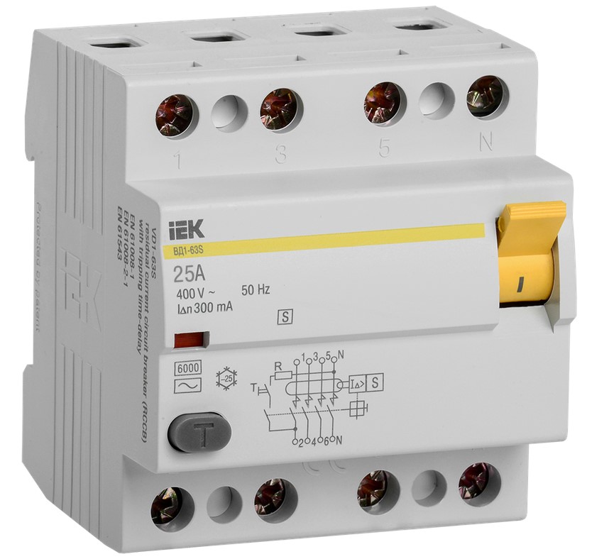 Выключатель IEK диф. тока 4п 25A 300mA тип AC S ВД1-63