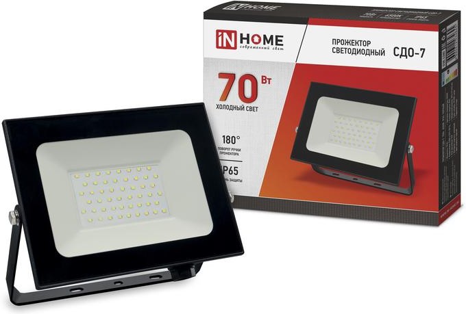 Прожектор светодиодный IN HOME 70Вт 6500К 4750Лм IP65 230В 207х171х22 черный СДО-7