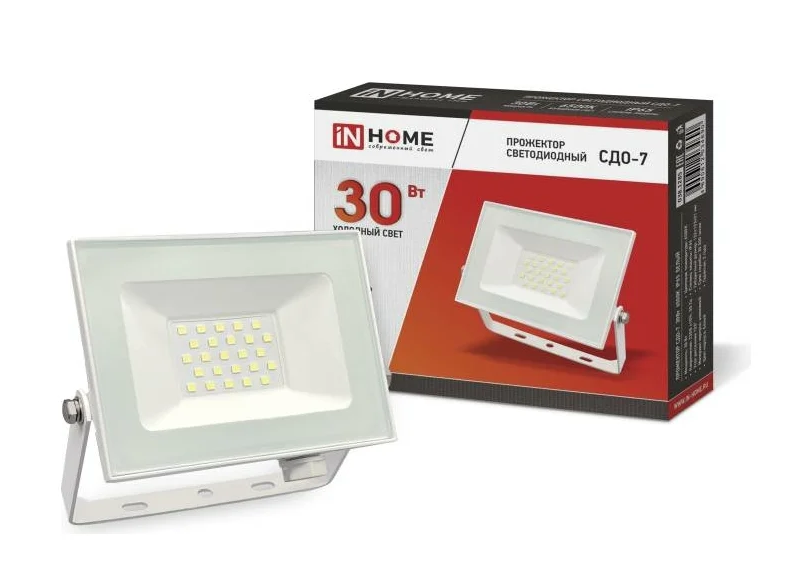 Прожектор светодиодный IN HOME 30Вт 6500К 2400Лм IP65 230В 133х123х21 белый СДО-7