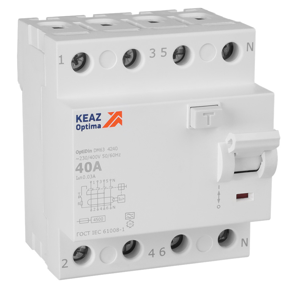 ВДТ КЭАЗ OptiDin DM63-4340-AC-4,5-УХЛ4 без защиты от сверхтоков (4P, 40, 30mA) купить с доставкой по РФ