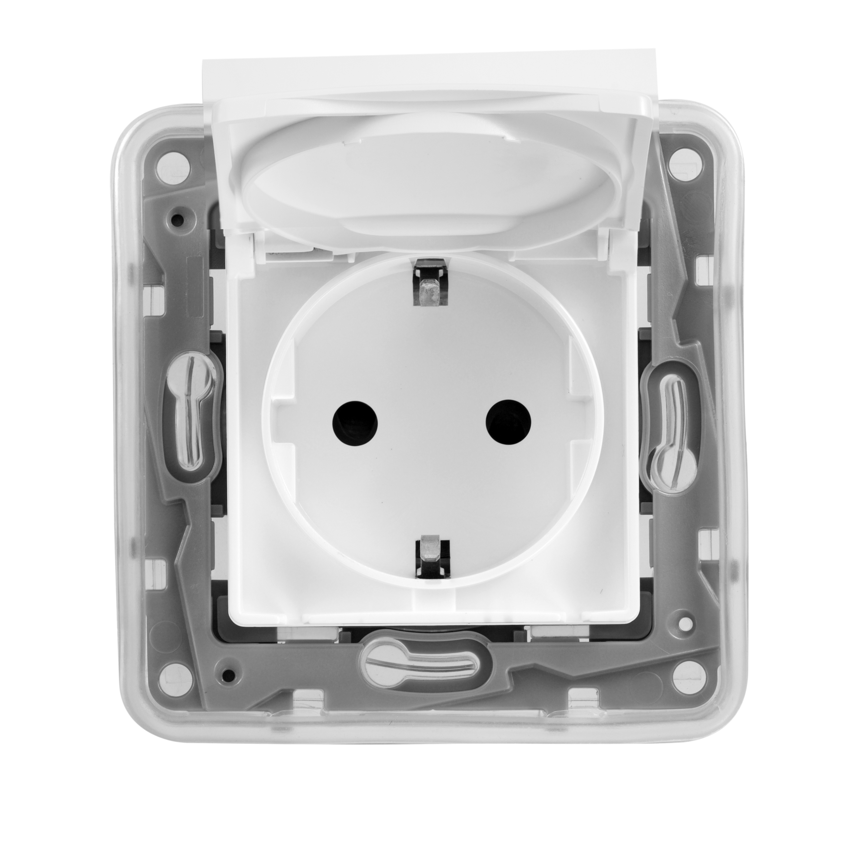 Розетка Legrand Etika 1-м СП 16А IP44 250В 2P+E с заземл. защ. шторки с крышкой немецк. стандарт безвинтов. клеммы механизм белый