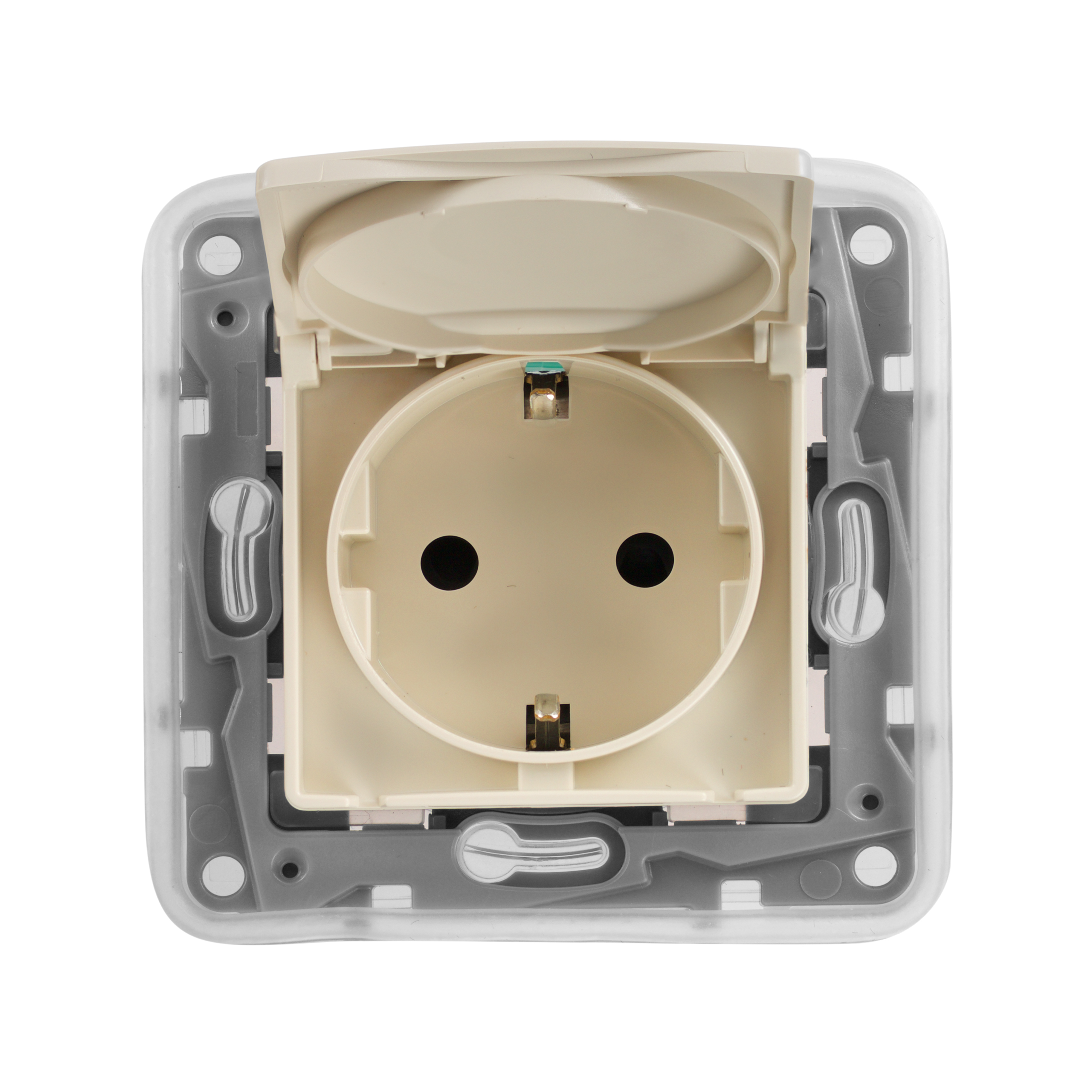 Розетка Legrand Etika 1-м СП 16А IP44 250В 2P+E с заземл. защ. шторки с крышкой немецк. стандарт безвинтов. клеммы механизм слоновая кость