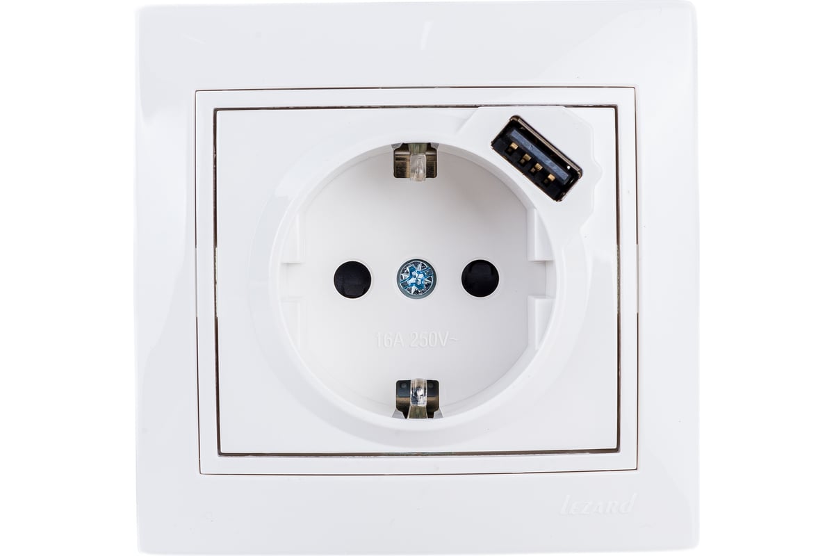 Розетка Lezard Mira 1-м с заземлением + USB разъем белый 701-0202-181 16А купить с доставкой по РФ