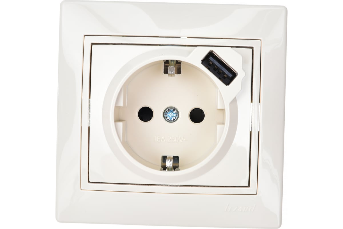 Розетка Lezard Mira 1-м с заземлением + USB разъем кремовая 701-0303-181 16А купить с доставкой по РФ