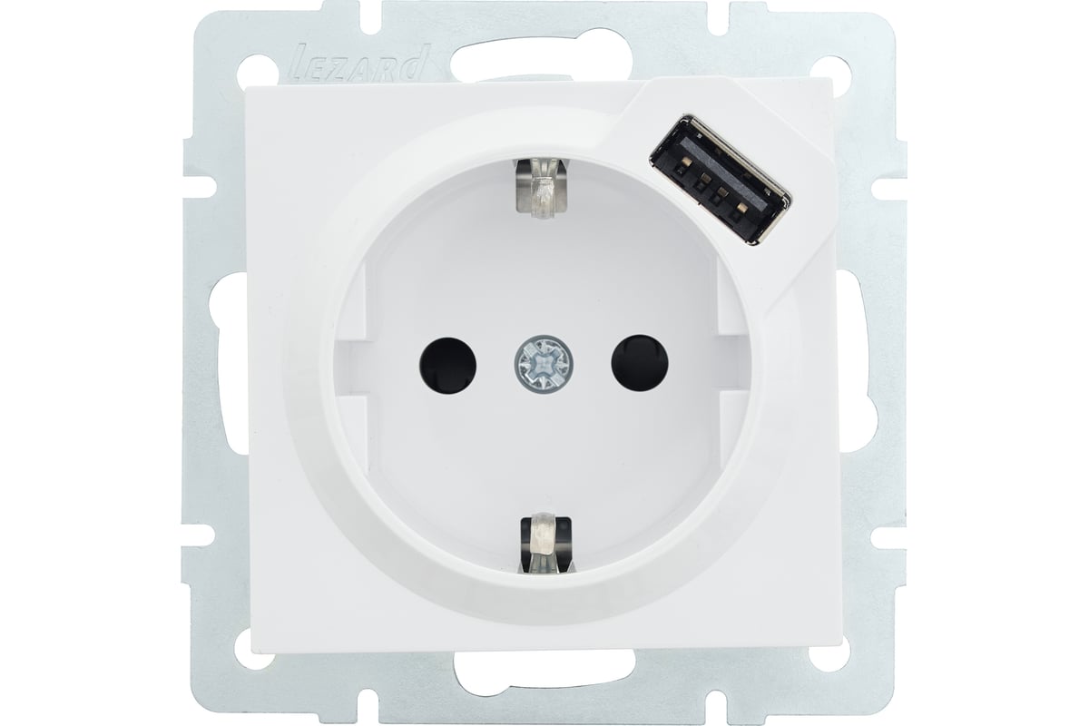 Розетка Lezard Vesna с заземлением + USB разъём белая 742-0288-181 купить с доставкой по РФ