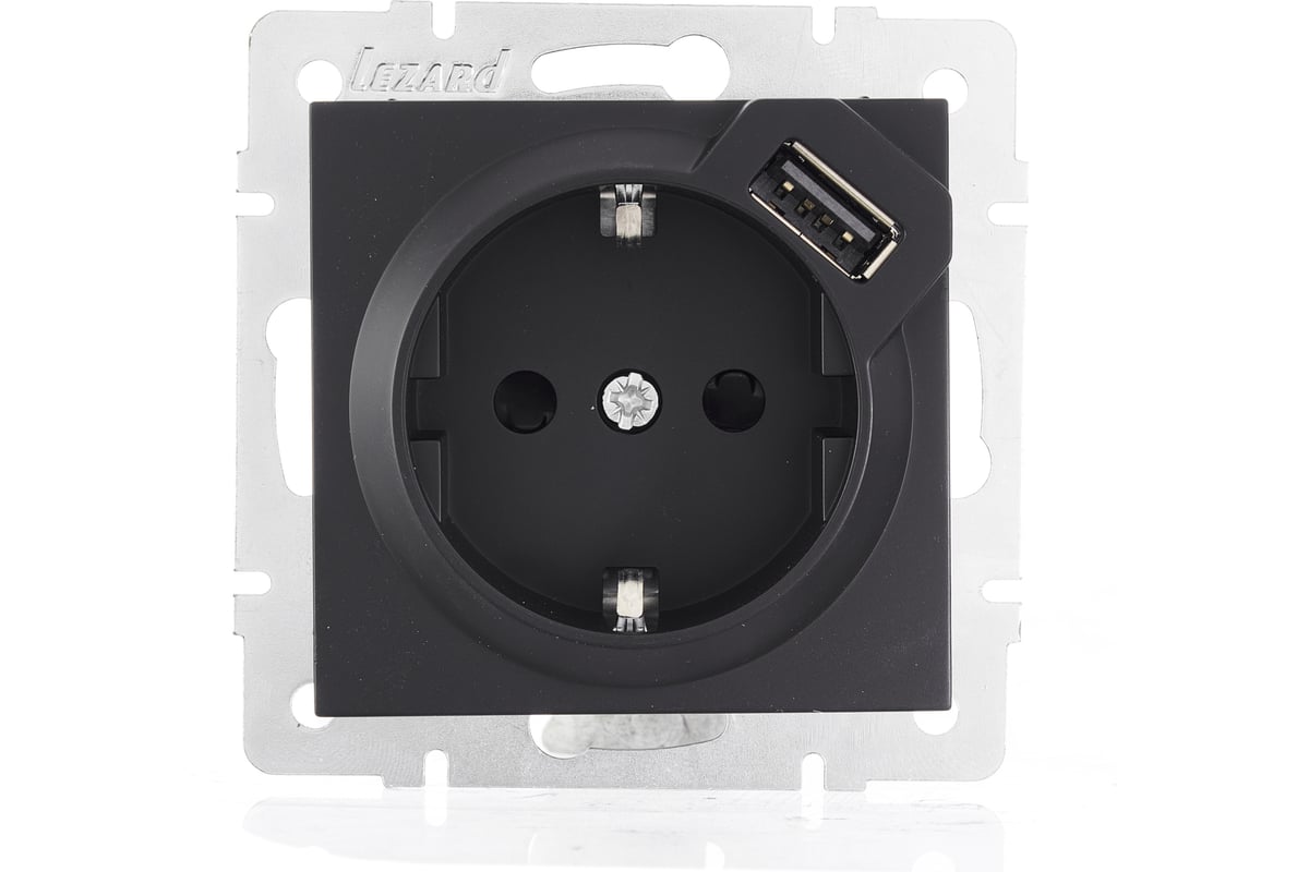 Розетка Lezard Vesna с заземлением + USB разъём чёрный бархат 742-4288-181 купить с доставкой по РФ