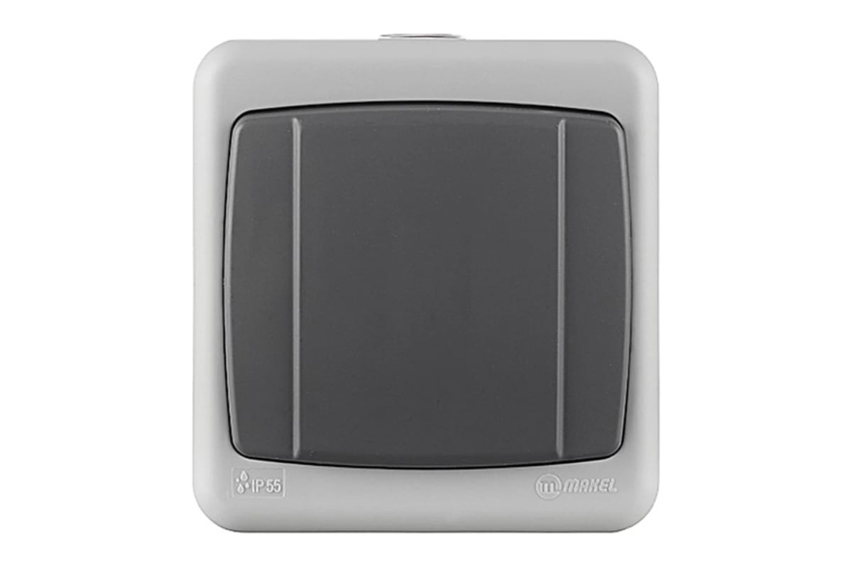 Выключатель одноклавишный проходной Makel Plus серый IP55 36064005