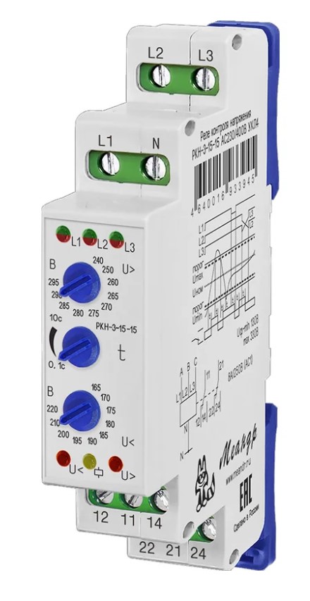 Реле контроля напряжения Меандр 3ф РКН-3-15-15 УХЛ4 AC 230В/AC 400В 4-х проводная схема включения задержка срабатывания 0.1...10с ток контактов исполнит. реле 8А 2п A8302-16933945