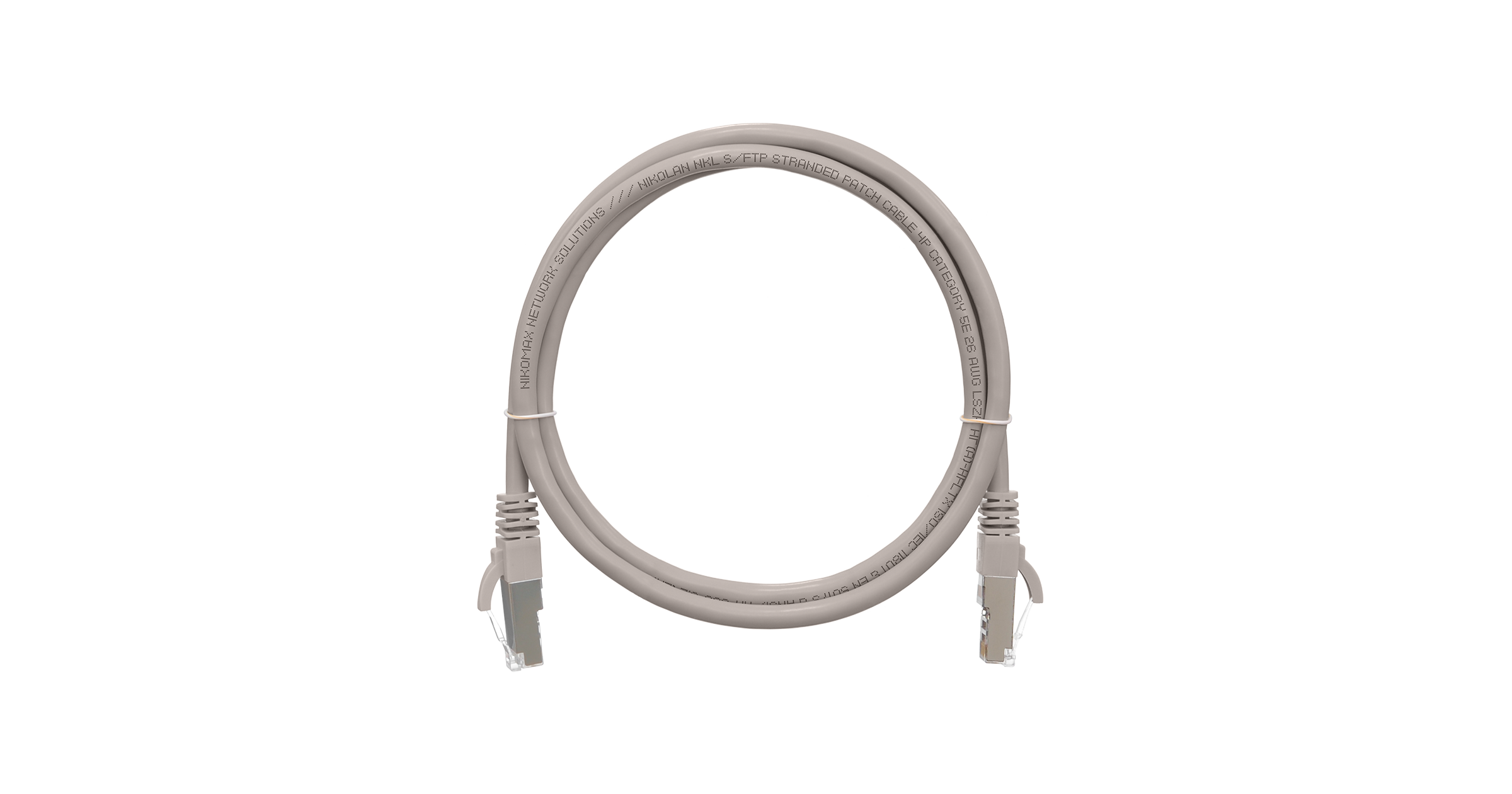 Коммутационный шнур NIKOMAX F/UTP 4 пары, Кат.5е (Класс D), 100МГц, 2хRJ45/8P8C, T568B, заливной, с защитой защелки, многожильный, BC (чистая медь), 26AWG (7х0,165мм), PVC нг(А), серый, 0,3м