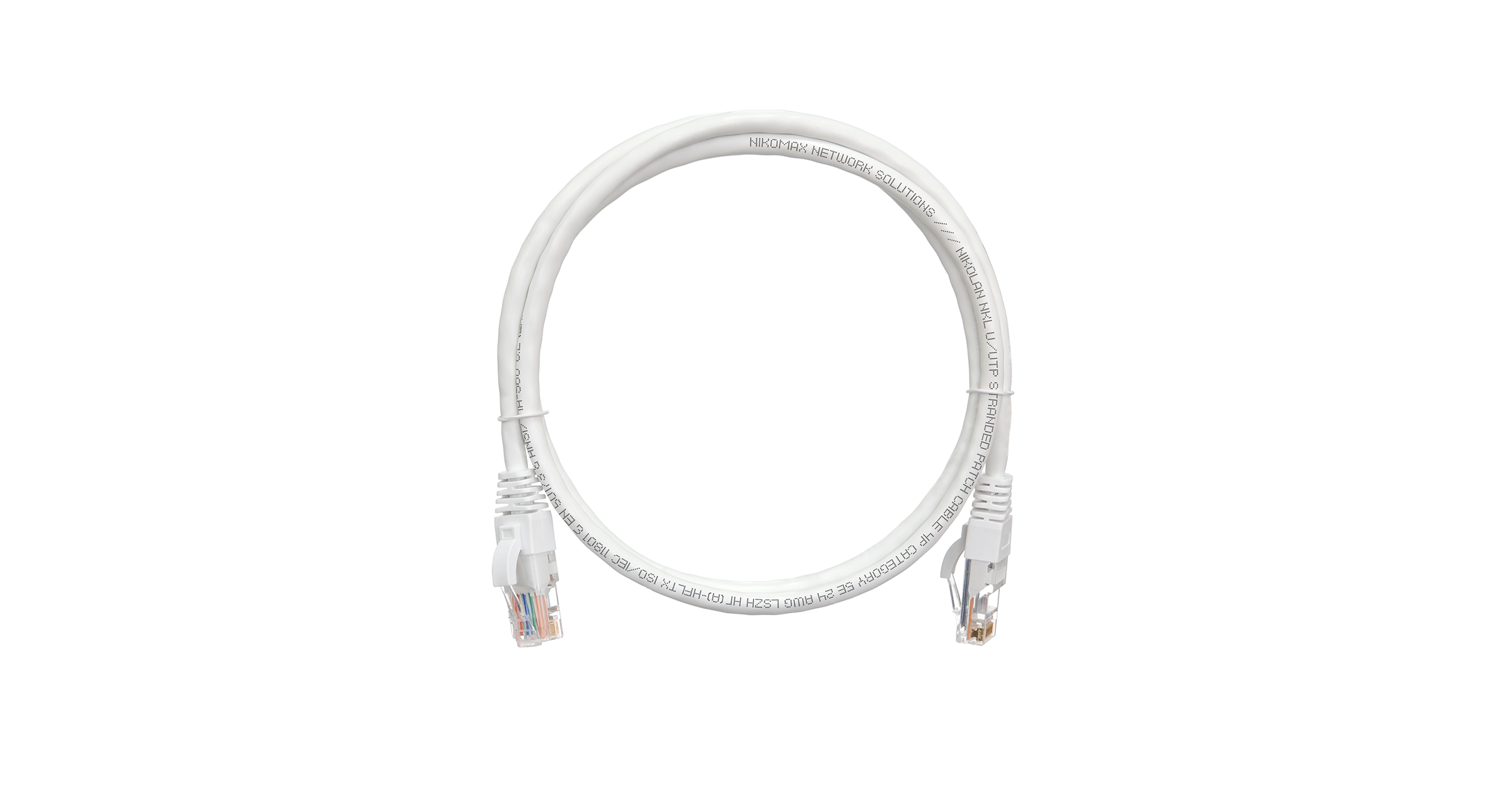 Коммутационный шнур NIKOMAX U/UTP 4 пары, Кат.5е (Класс D), 100МГц, 2хRJ45/8P8C, T568B, заливной, с защитой защелки, многожильный, BC (чистая медь), 24AWG (7х0,205мм), LSZH нг(А)-HFLTx, белый, 5м