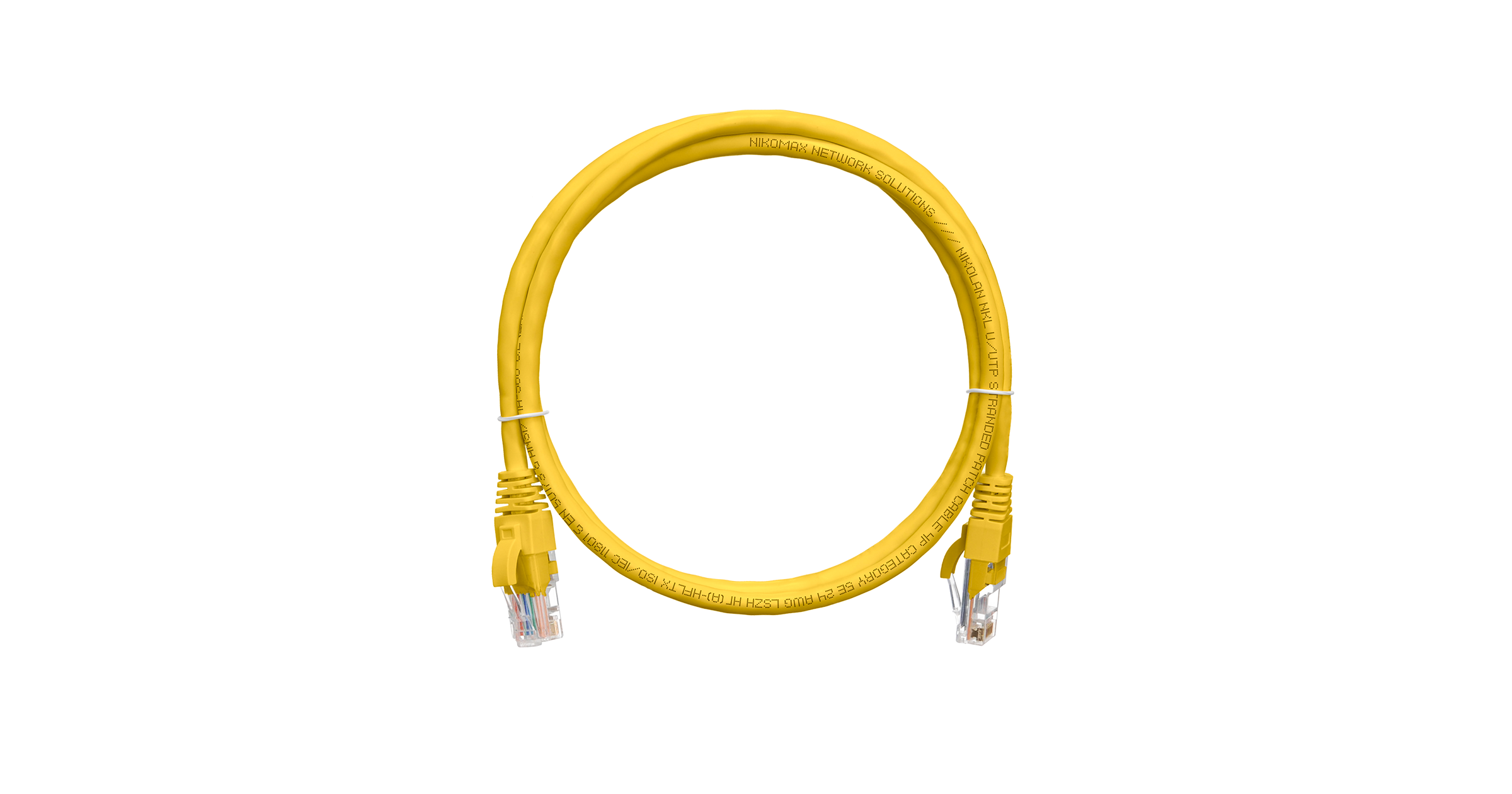 Коммутационный шнур NIKOMAX U/UTP 4 пары, Кат.5е (Класс D), 100МГц, 2хRJ45/8P8C, T568B, заливной, с защитой защелки, многожильный, BC (чистая медь), 24AWG (7х0,205мм), LSZH нг(А)-HFLTx, желтый, 5м