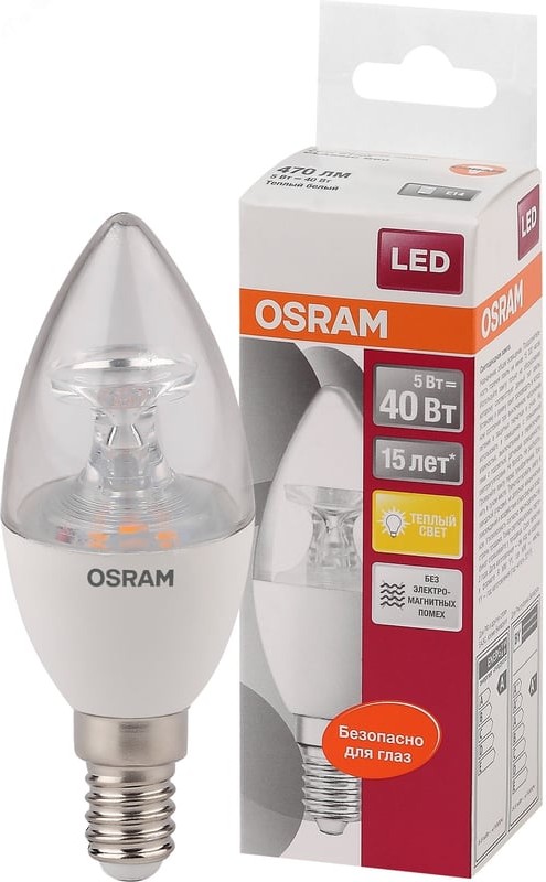 Светодиодная лампа OSRAM С37 5Вт 2700К 230Вт E14 купить с доставкой по РФ