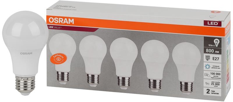 Лампа светодиодная OSRAM LED Value LVCLA75 10Вт 6500К 230В 800Лм (упаковка 5 штук) купить с доставкой по РФ