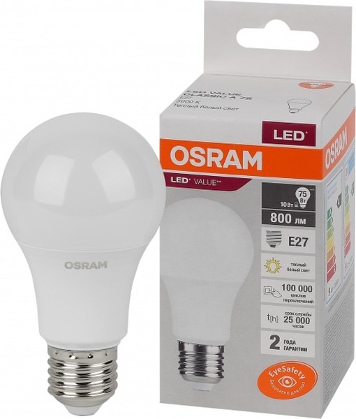 Лампа светодиодная OSRAM LED Value LVCLA75 10Вт 3000К 230В 800Лм