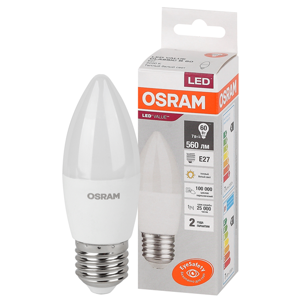 Лампа светодиодная OSRAM LED VALUE 7 Вт LVCLB 560Лм 3000К (теплый свет) E27, колба B Свеча матовая, 220-240В