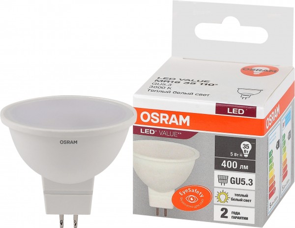 Лампа светодиодная OSRAM LED Value MR16 GU5.3 5Вт 3000К 230В 400Лм