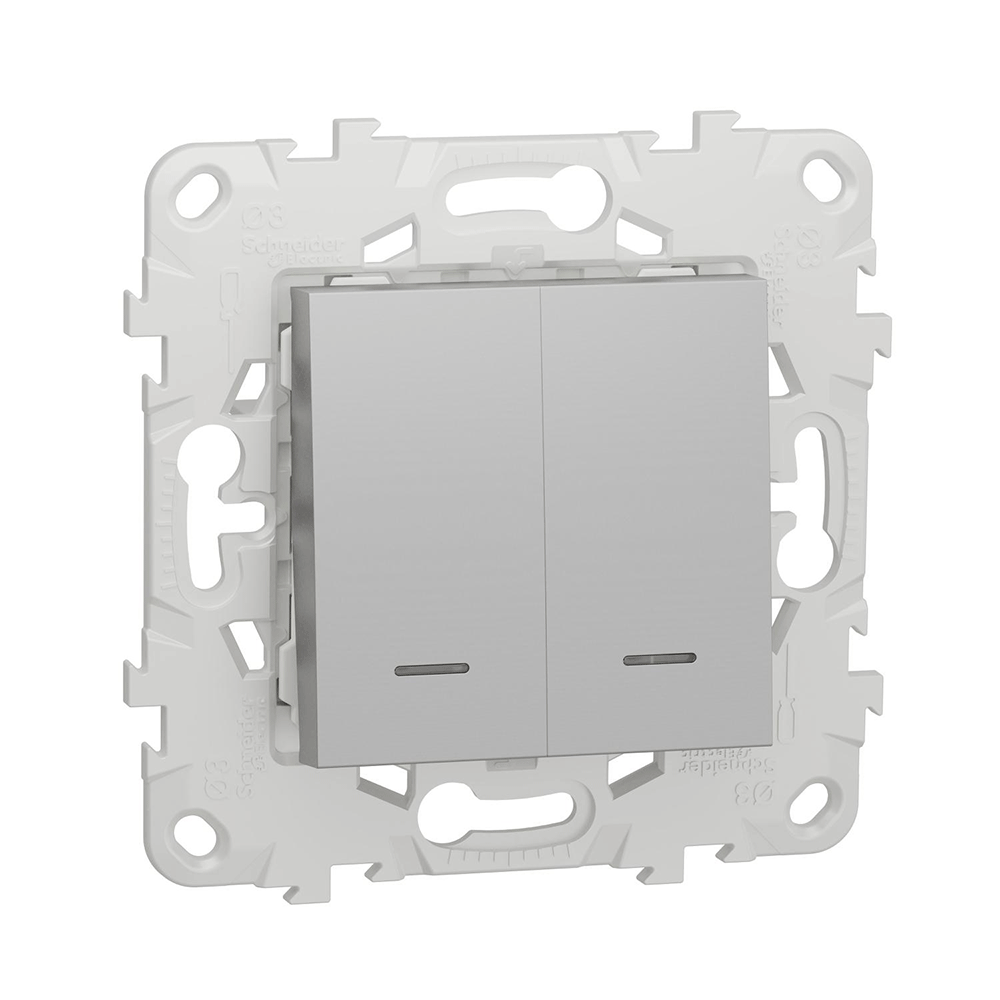 Выключатель Schneider Electric UNICA NEW двухклавишный 2 модуля с подсветкой 2 х схема 1а алюминий