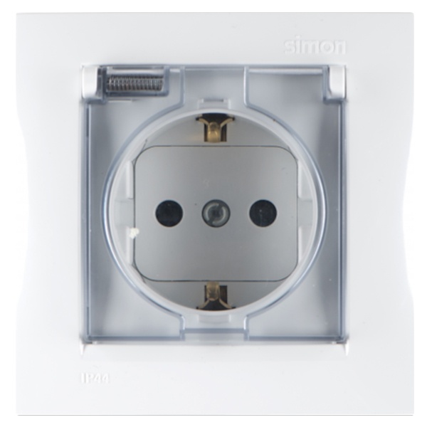 Розетка Simon 1-м СП Simon15 16А IP44 250В с заземл. Schuko защ. шторки с крышкой винт. клеммы бел.