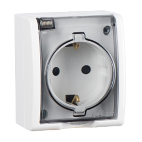 Розетка Simon 1-м ОП Simon15 16А IP54 250В с заземл. с крышкой винт. клеммы бел.