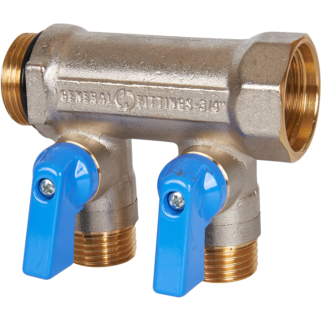 Коллектор Stout с шаровыми кранами 3/4", 2 отвода 1/2" (синие ручки)