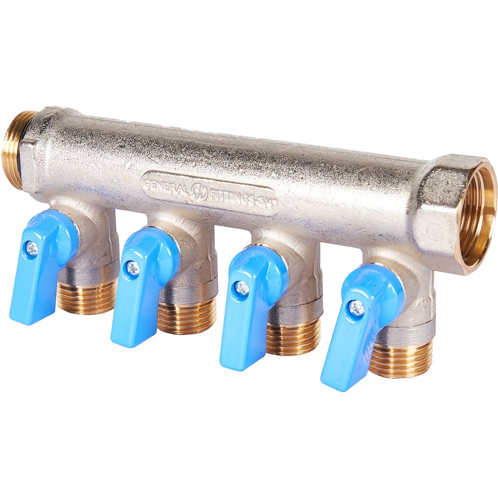 Коллектор Stout с шаровыми кранами 3/4", 4 отвода 1/2" (синие ручки)
