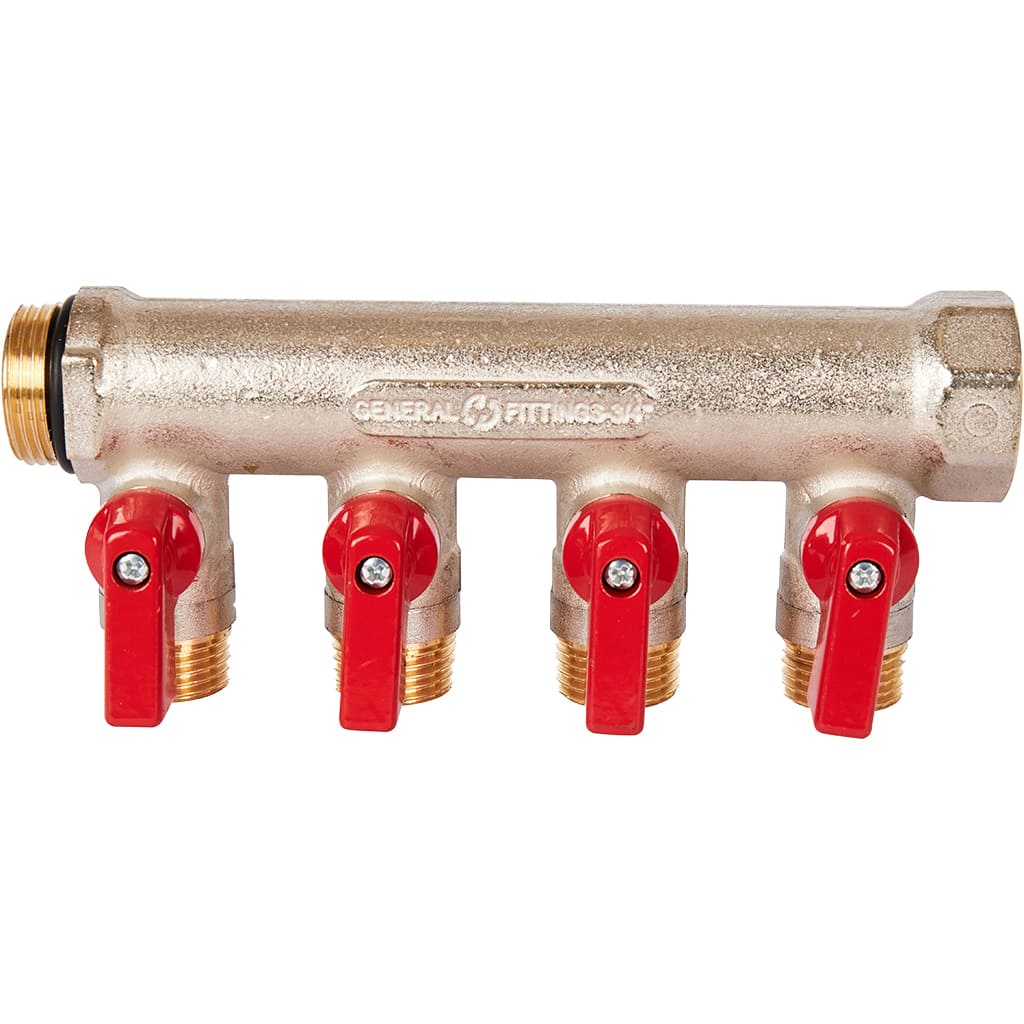 Коллектор с шаровыми кранами 3/4" Stout, 4 отвода 1/2" (красные ручки) RG0091AACQND3T