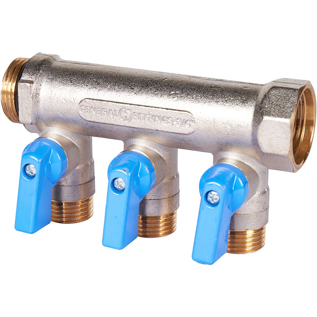 Коллектор с шаровыми кранами Stout 3/4", 3 отвода 1/2" (синие ручки) RG0091AACQML3R