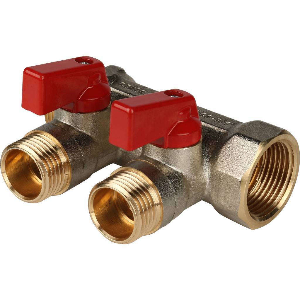 Коллектор Stout никелированный 3/4"/1/2"х2 с красными ручками