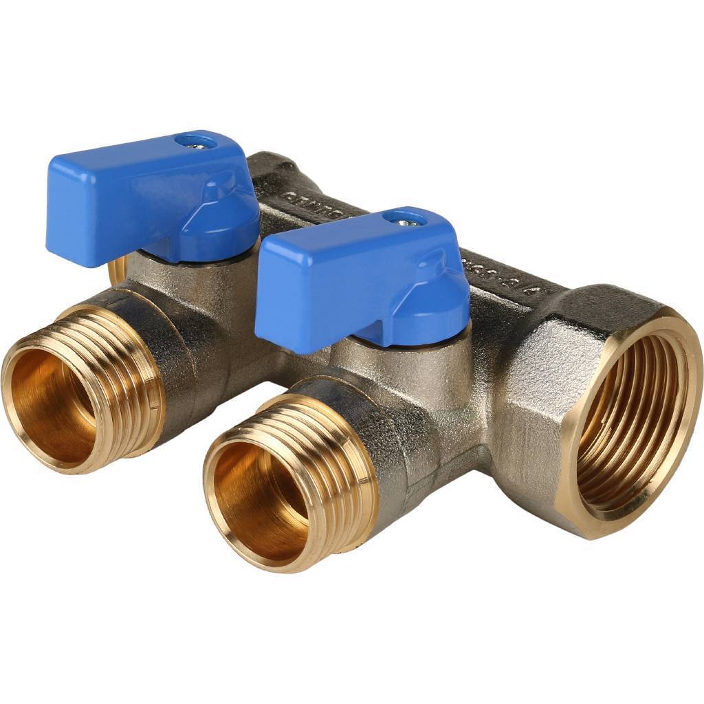 Коллектор Stout никелированный 3/4"/1/2"х2 с синими ручками