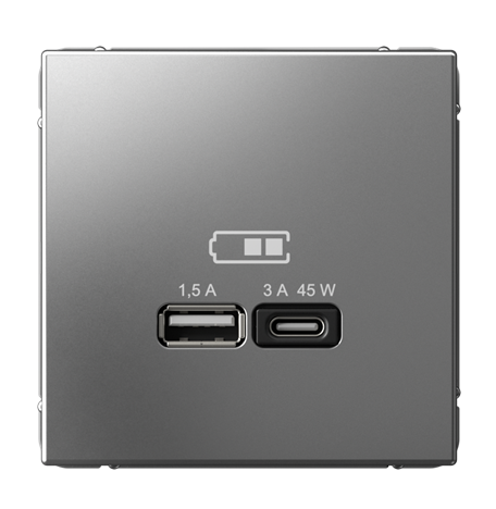 Розетка Systeme Electric ARTGALLERY USB A + тип-C 45Вт высокоскоростного заряда QC, PD, механизм, сталь