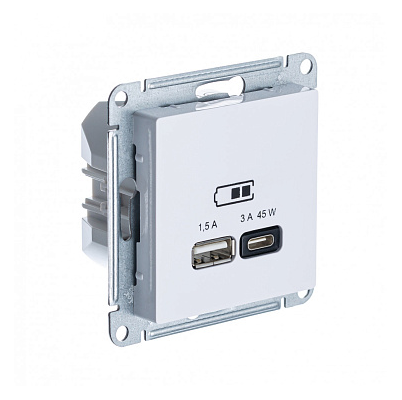 Розетка Systeme Electric ATLASDESIGN USB A + тип-C 45W высокоскоростного заряда QC, PD, механизм, белый
