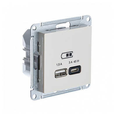 Розетка Systeme Electric AtlasDesign бежевый USB A + тип-C 45W высокоскоростного заряда QC,PD, мех.
