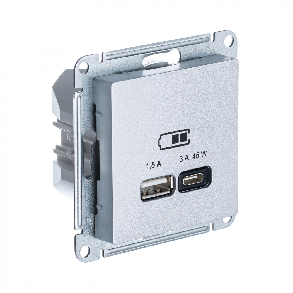 Розетка Atlas Design USB типа A+С, 45Вт, высокоскоростной заряд, QC, PD, механизм, алюминий купить с доставкой по РФ