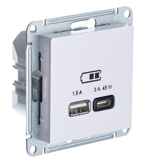 Розетка Systeme Electric ATLASDESIGN USB A + тип-C 45W высокоскор.заряд. QC,PD, механизм, ЖЕМЧУГ