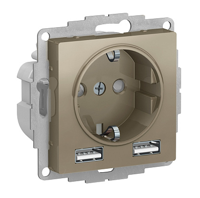 Розетка 1-м СП Systeme Electric AtlasDesign 16А IP20 с 2-мя заряд. устройствами USB тип A+A 5В/2.4А 2х5В/1.2А механизм шампань