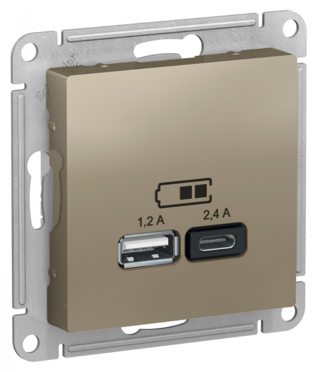 Розетка USB Systeme Electric ATLASDESIGN A+С, 5В/2,4А, 2х5В/1,2А, механизм, ШАМПАНЬ