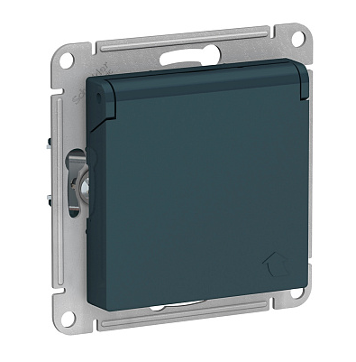 Розетка 1-м СП Systeme Electric AtlasDesign 16А IP20 с заземлением защитные шторки с крышкой механизм изумруд