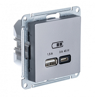 Розетка Systeme Electric ATLASDESIGN USB A + тип-C 45W высокоскоростного заряда QC, PD, механизм, сталь