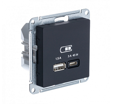 Розетка Systeme Electric USB AtlasDesign тип A+C 45Вт QC PD высокоскор. ЗУ механизм карбон