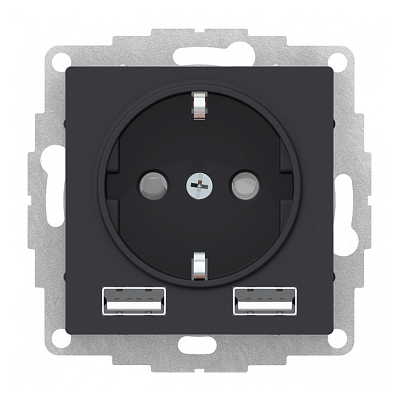 Розетка 1-м СП Systeme Electric AtlasDesign 16А IP20 с 2-мя зарядными устройствами USB тип A+A 5В/2.4А 2х5В/1.2А механизм карбон