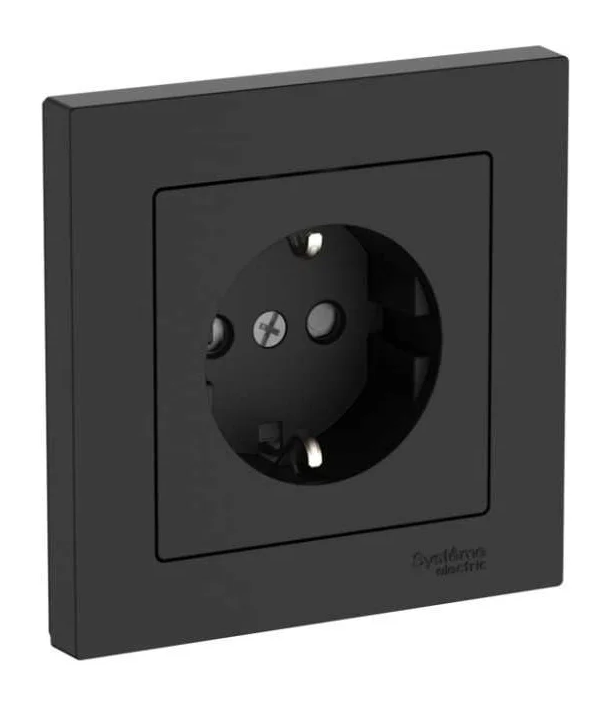 Розетка с заземлением со шторками 16А Systeme Electric ATLASDESIGN в сборе карбон быстрозажимные клеммы
