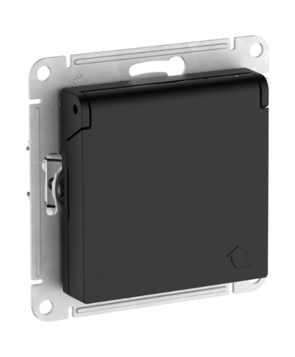 Розетка с заземлением со шторками с крышкой Systeme Electric ATLASDESIGN, 16А, IP20,мех., быстрозажим. клем., КАРБОН