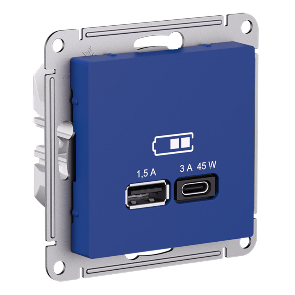 Розетка Atlas Design USB типа A+С, 45Вт, высокоскоростной заряд, QC, PD, механизм, аквамарин