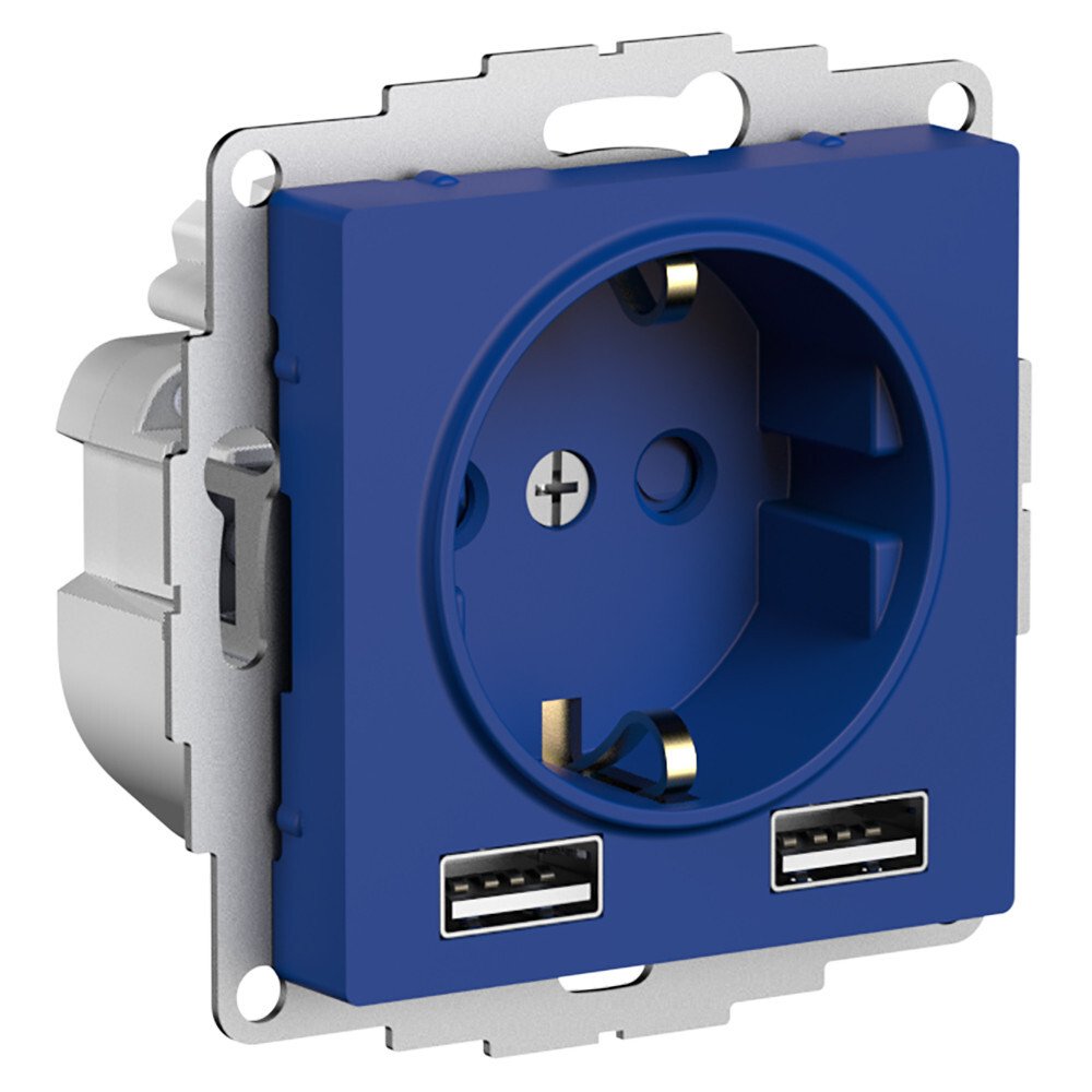Розетка Atlas Design 16А c 2 USB A+A, 5В/2,4А, 2х5В/1,2А, механизм, аквамарин