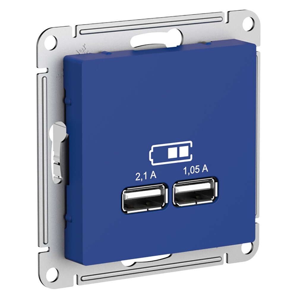 Розетка Atlas Design USB типа A+A, 5В/2,1А, 2х5В/1,05А, механизм, аквамарин