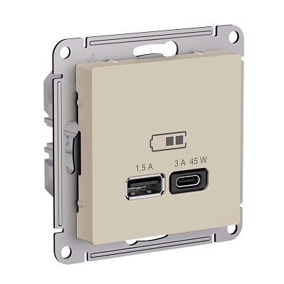 Розетка Systeme Electric AtlasDesign песочный USB A + тип-C 45Вт высокоскоростного заряда QC,PD, механизм