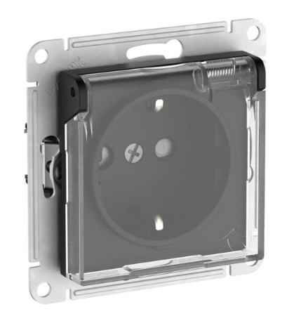 Розетка с заземлением со шторками с прозрачной крышкой Systeme Electric ATLASDESIGN AQUA, 16А,IP44, быстрозажимные клеммы, КАРБОН