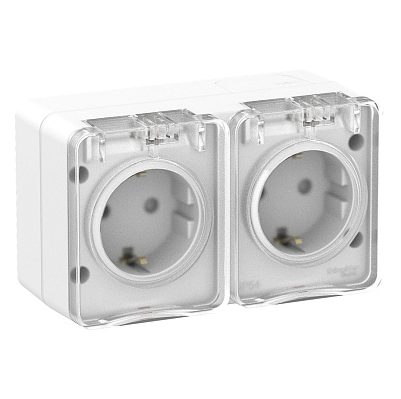 Розетка двойная Systeme Electric AtlasDesign Profi54 с заземлением со шторками IP54 16А 250B, белый, Россия